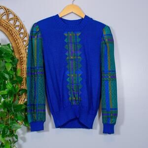 Vtg Royal Blue Plaid Sleeve Sweater 80s Graphic Knit Sz 10 | Bright Winter